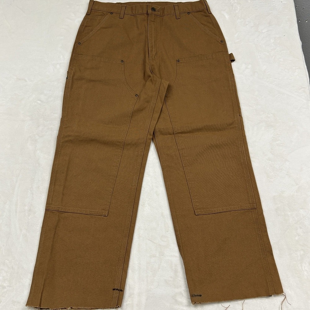 Carhartt Double knees Front Logger Pants Mens 36 Brown B136 Loose Fit Raw Hem